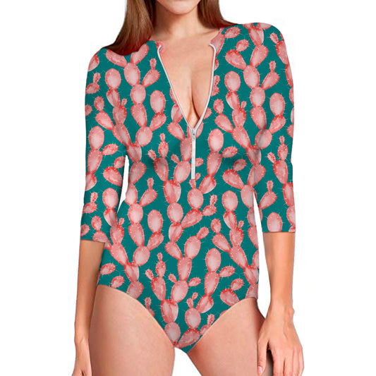 Pink Cactus Pattern Print Long Sleeve Swimsuit