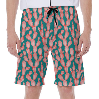 Pink Cactus Pattern Print Men's Beach Shorts