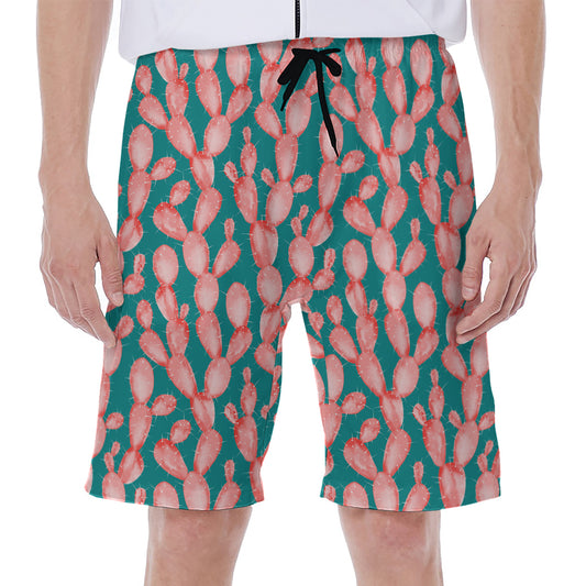 Pink Cactus Pattern Print Men's Beach Shorts