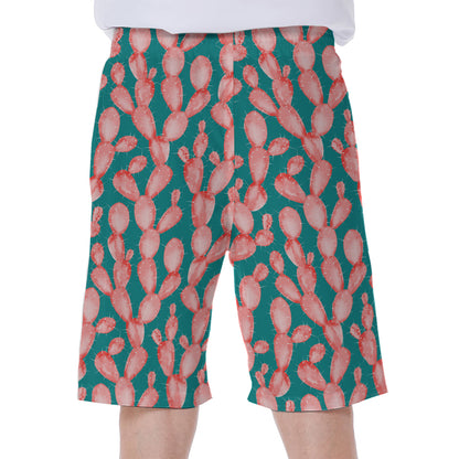 Pink Cactus Pattern Print Men's Beach Shorts