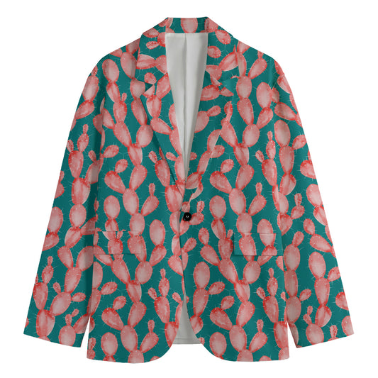 Pink Cactus Pattern Print Men's Cotton Blazer