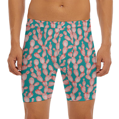 Pink Cactus Pattern Print Men's Long Boxer Briefs