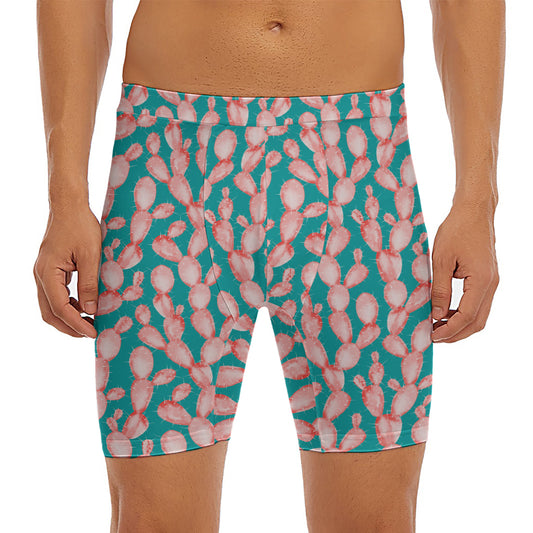 Pink Cactus Pattern Print Men's Long Boxer Briefs