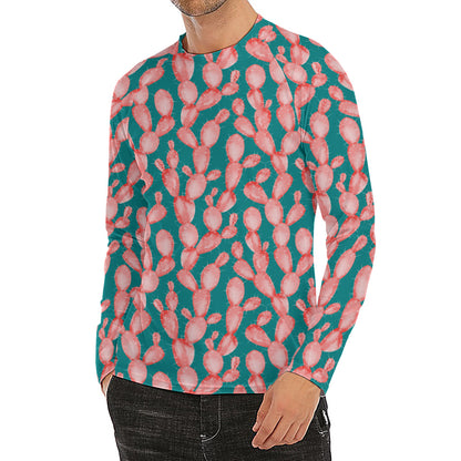 Pink Cactus Pattern Print Men's Long Sleeve Rash Guard
