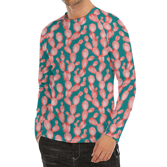 Pink Cactus Pattern Print Men's Long Sleeve Rash Guard
