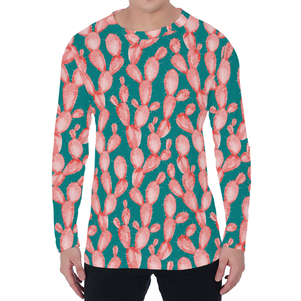 Pink Cactus Pattern Print Men's Long Sleeve T-Shirt