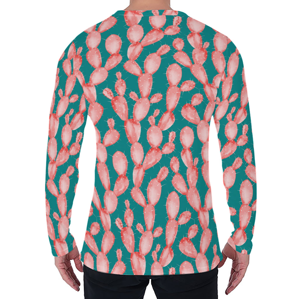 Pink Cactus Pattern Print Men's Long Sleeve T-Shirt
