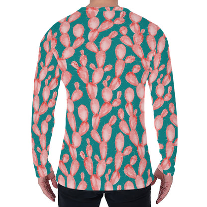 Pink Cactus Pattern Print Men's Long Sleeve T-Shirt