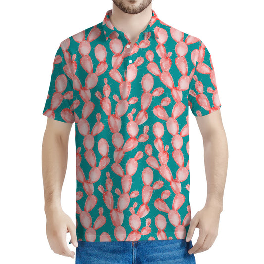Pink Cactus Pattern Print Men's Polo Shirt