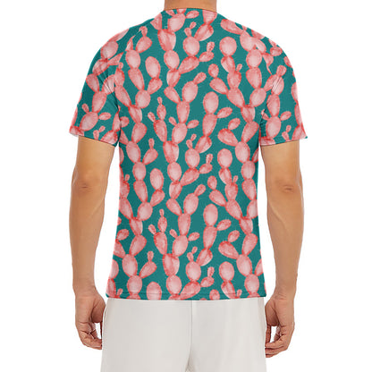 Pink Cactus Pattern Print Men's Short Sleeve Rash Guard