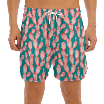 Pink Cactus Pattern Print Men's Split Running Shorts