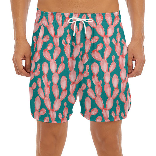 Pink Cactus Pattern Print Men's Split Running Shorts