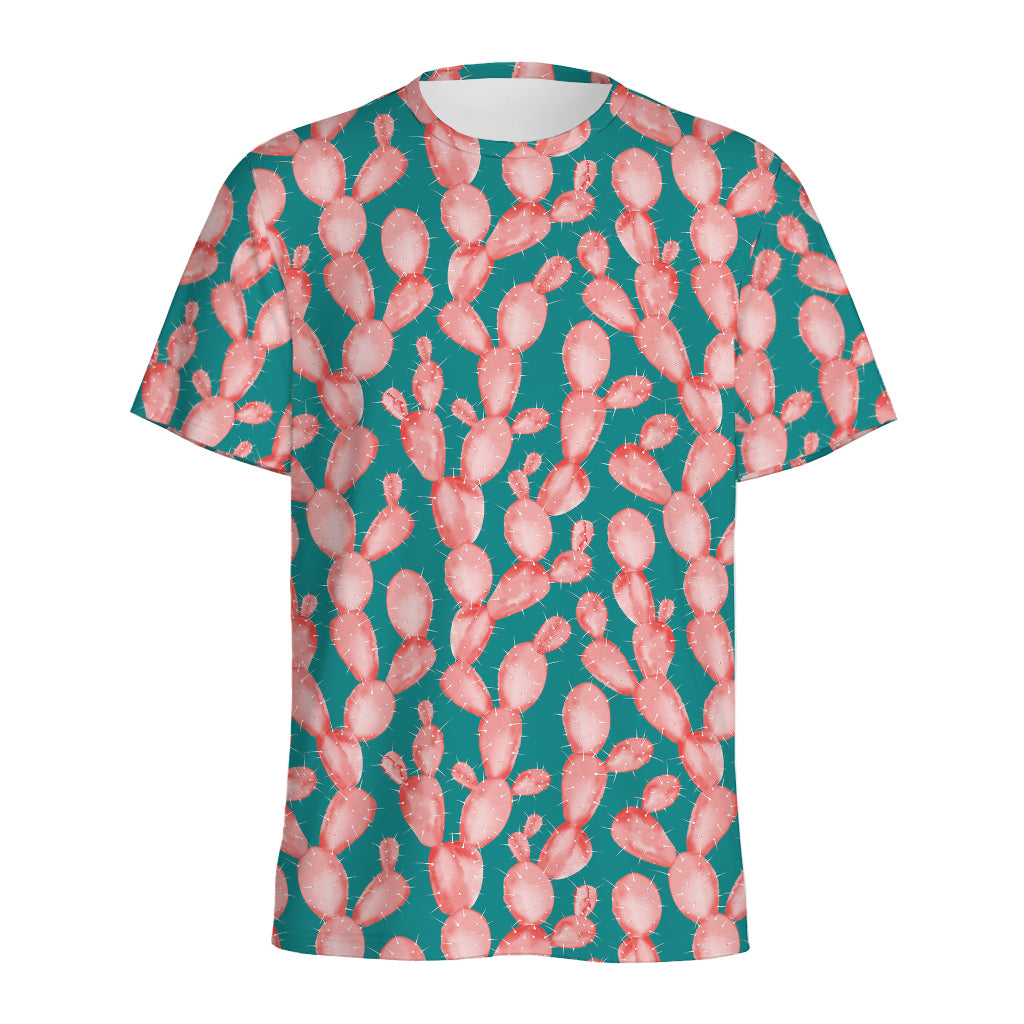 Pink Cactus Pattern Print Men's Sports T-Shirt