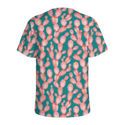 Pink Cactus Pattern Print Men's Sports T-Shirt