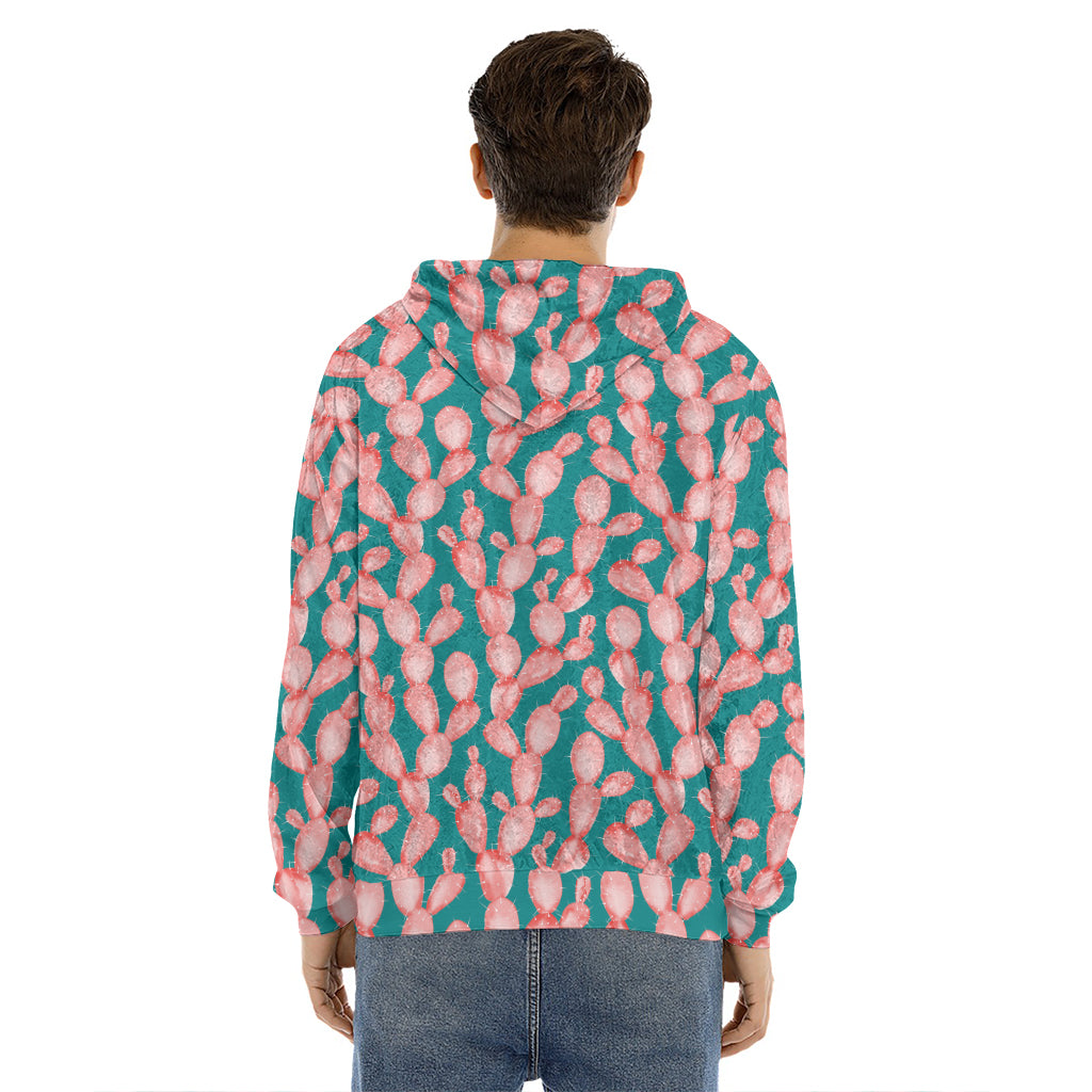 Pink Cactus Pattern Print Men's Velvet Pullover Hoodie