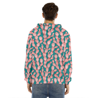 Pink Cactus Pattern Print Men's Velvet Pullover Hoodie