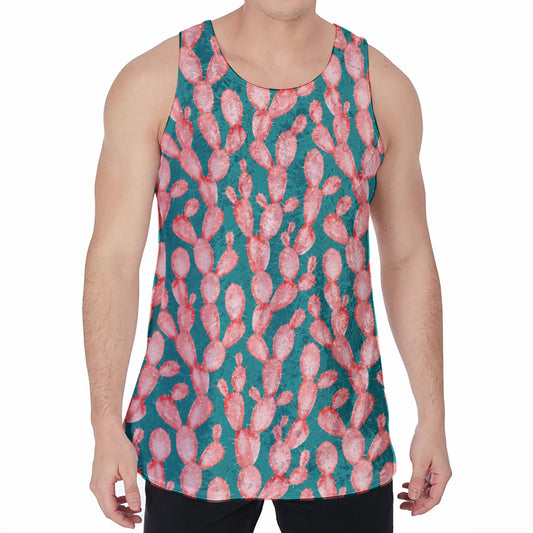 Pink Cactus Pattern Print Men's Velvet Tank Top