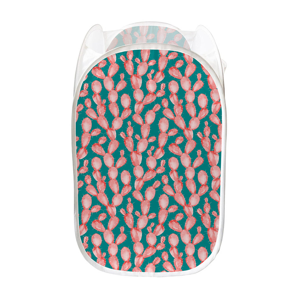 Pink Cactus Pattern Print Mesh Laundry Hamper