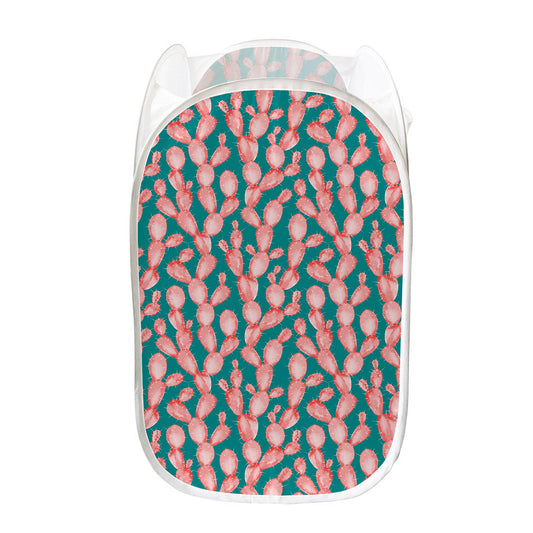 Pink Cactus Pattern Print Mesh Laundry Hamper