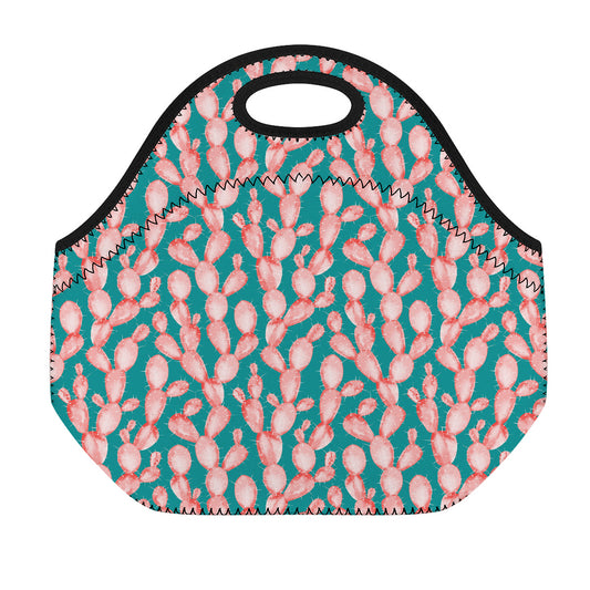 Pink Cactus Pattern Print Neoprene Lunch Bag