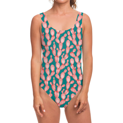 Pink Cactus Pattern Print One Piece Swimsuit