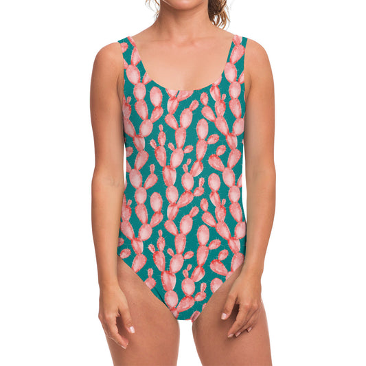 Pink Cactus Pattern Print One Piece Swimsuit
