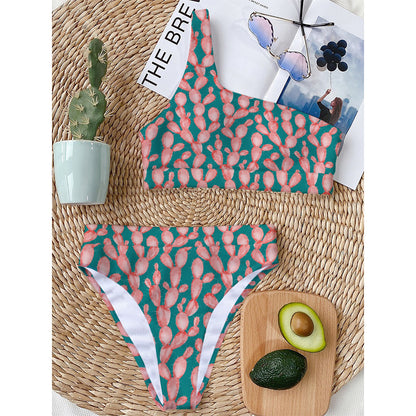 Pink Cactus Pattern Print One Shoulder Bikini Top