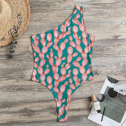 Pink Cactus Pattern Print One Shoulder Bodysuit
