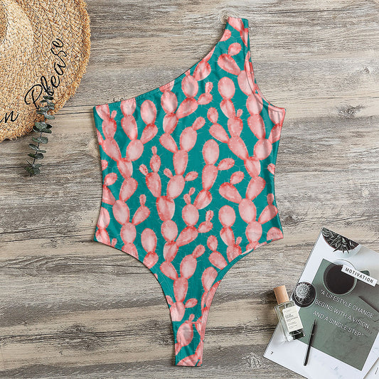 Pink Cactus Pattern Print One Shoulder Bodysuit
