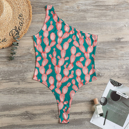 Pink Cactus Pattern Print One Shoulder Bodysuit