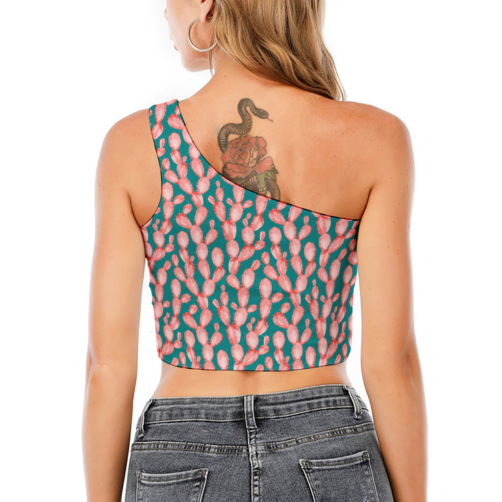 Pink Cactus Pattern Print One Shoulder Crop Top