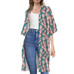 Pink Cactus Pattern Print Open Front Beach Cover Up