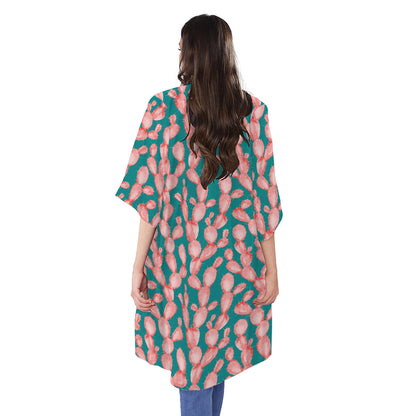 Pink Cactus Pattern Print Open Front Beach Cover Up
