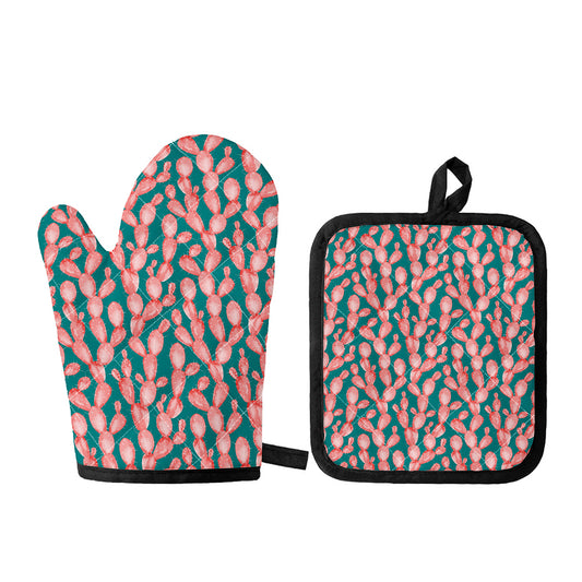 Pink Cactus Pattern Print Oven Mitt And Pot Holder Set