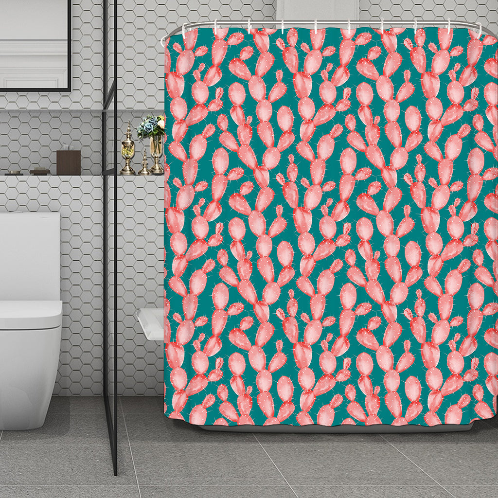 Pink Cactus Pattern Print Polyester Shower Curtain