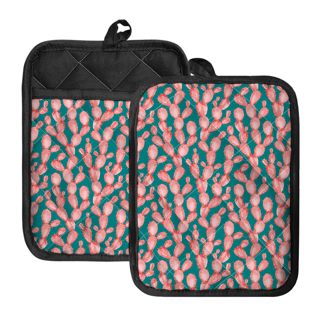 Pink Cactus Pattern Print Pot Holders With Pocket
