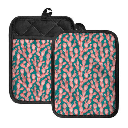 Pink Cactus Pattern Print Pot Holders With Pocket