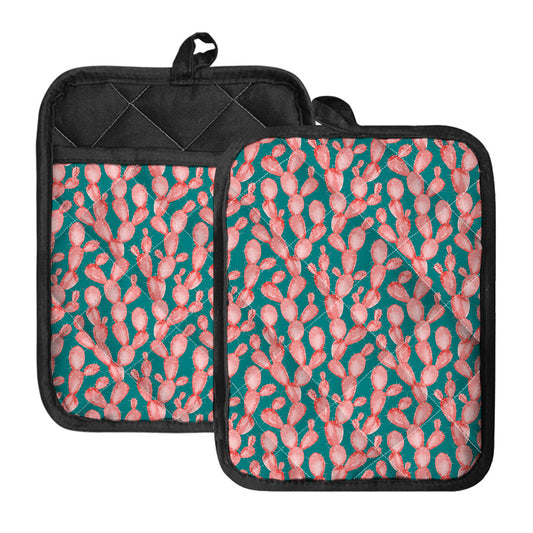 Pink Cactus Pattern Print Pot Holders With Pocket
