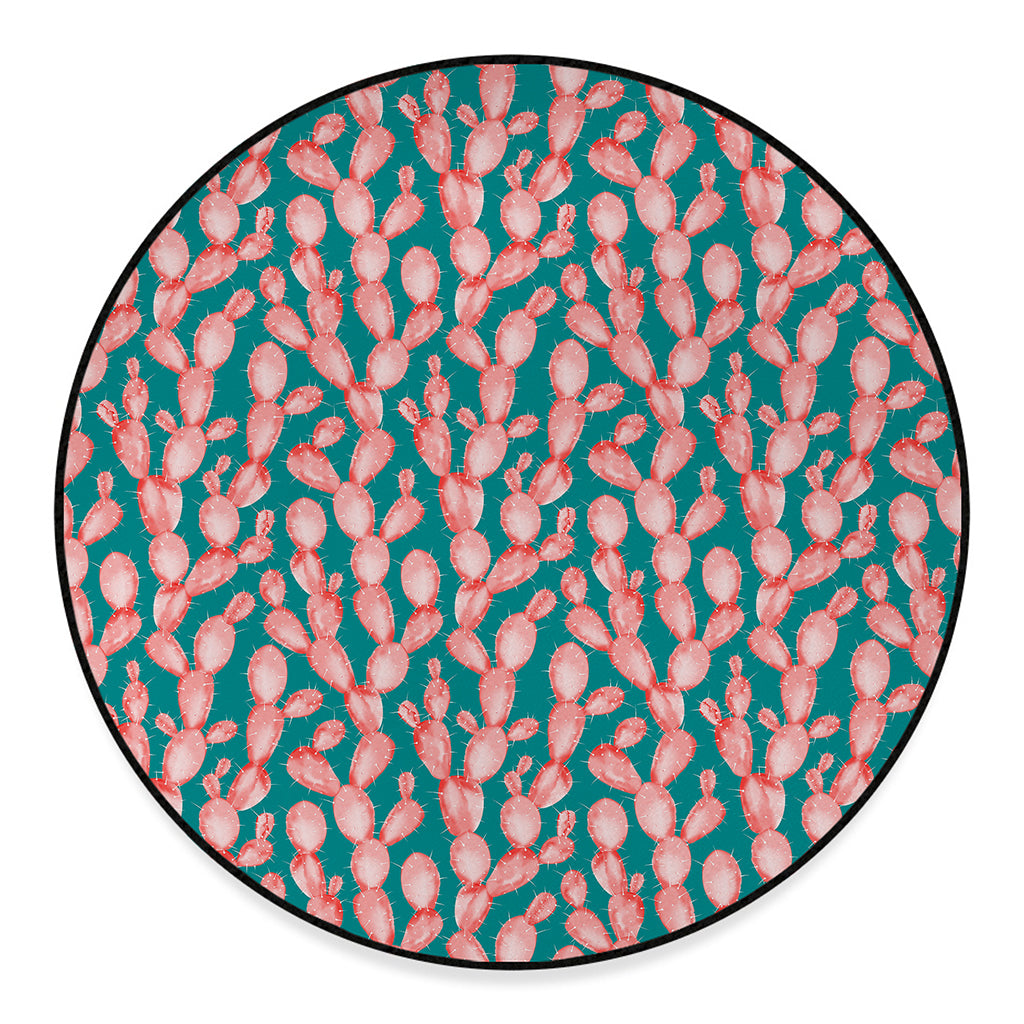 Pink Cactus Pattern Print Round Floor Mat