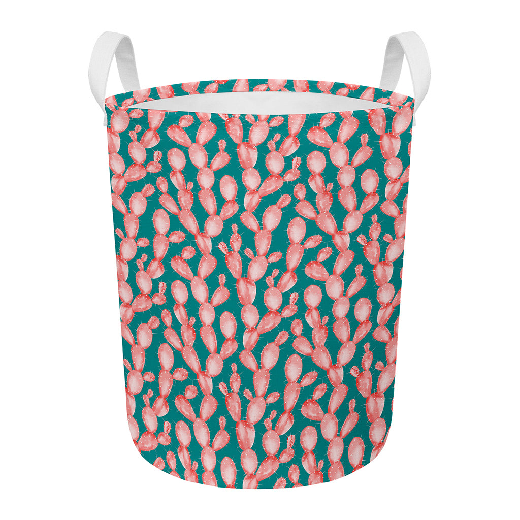 Pink Cactus Pattern Print Round Laundry Basket