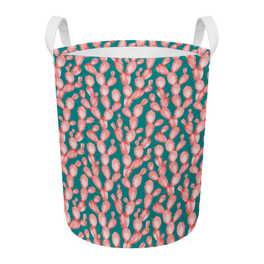 Pink Cactus Pattern Print Round Laundry Basket