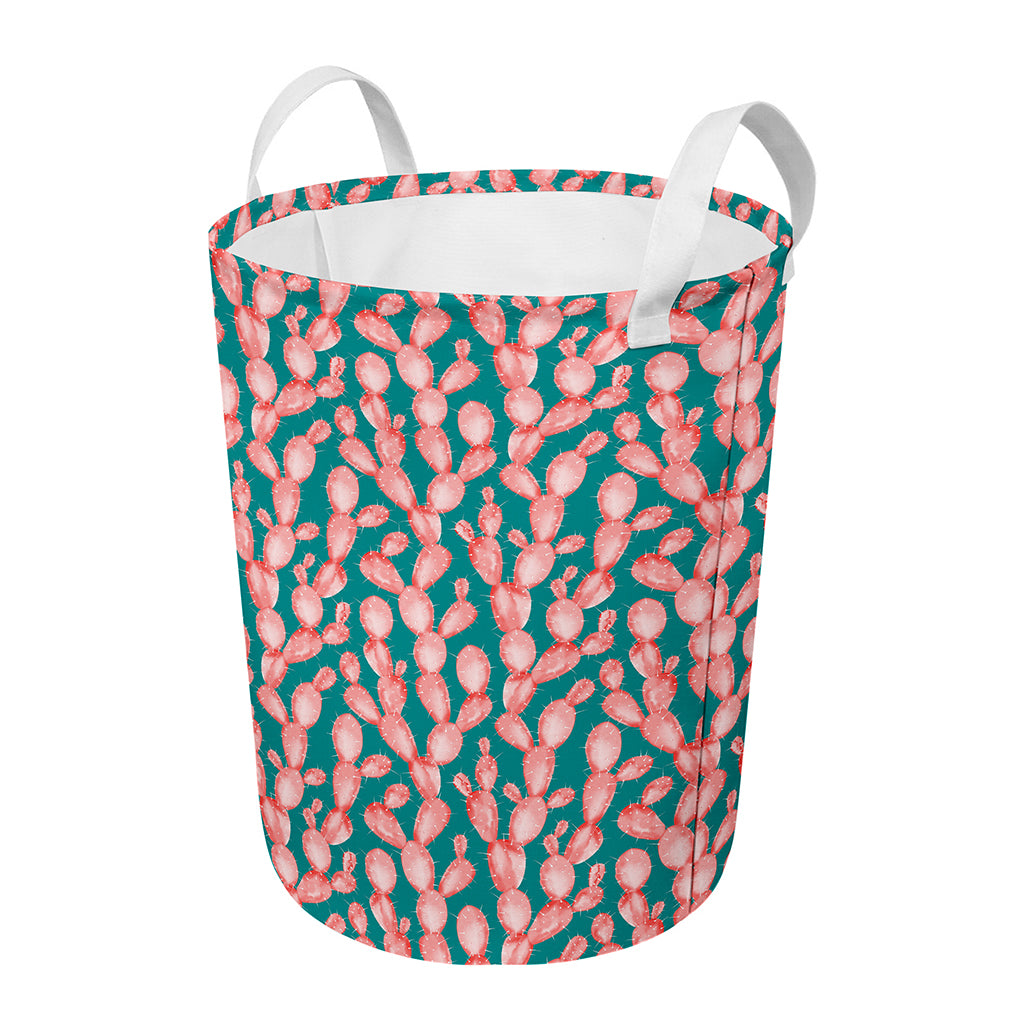 Pink Cactus Pattern Print Round Laundry Basket