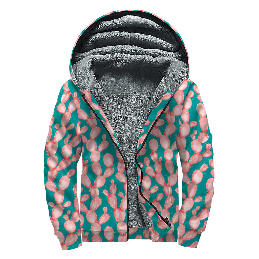 Pink Cactus Pattern Print Sherpa Lined Zip Up Hoodie