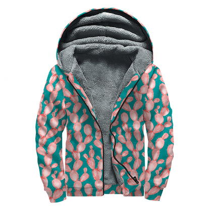 Pink Cactus Pattern Print Sherpa Lined Zip Up Hoodie