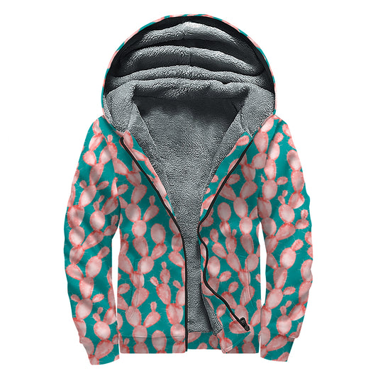 Pink Cactus Pattern Print Sherpa Lined Zip Up Hoodie