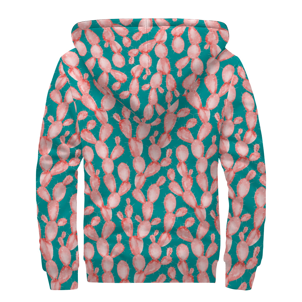 Pink Cactus Pattern Print Sherpa Lined Zip Up Hoodie