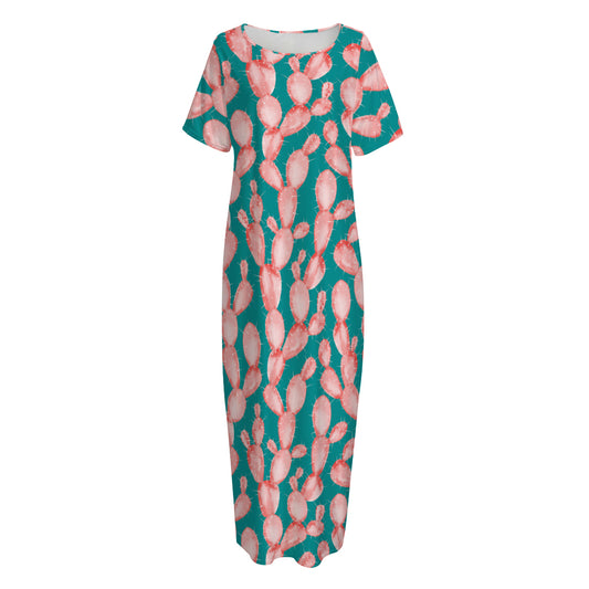 Pink Cactus Pattern Print Short Sleeve Long Nightdress