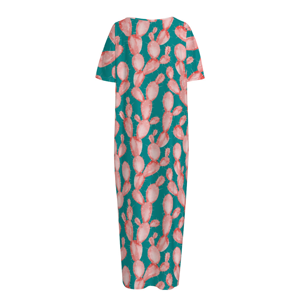 Pink Cactus Pattern Print Short Sleeve Long Nightdress