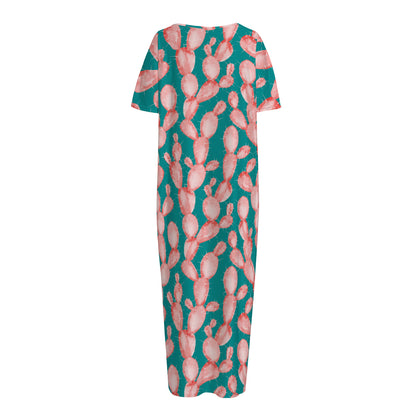 Pink Cactus Pattern Print Short Sleeve Long Nightdress
