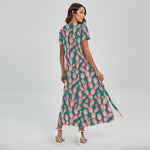 Pink Cactus Pattern Print Short Sleeve Maxi Dress